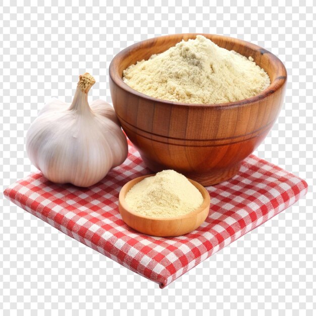 Bowl of flour and a bowl of garlic on a checkered isolated on transparent background