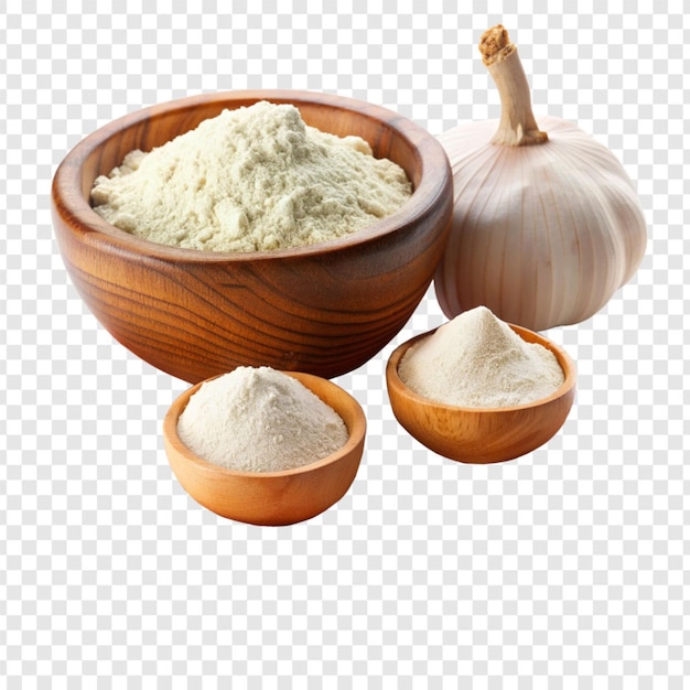 Bowl of flour and a bowl of garlic on a checkered isolated on transparent background