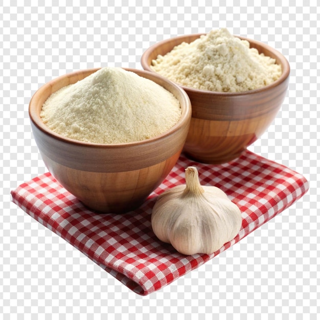 Bowl of flour and a bowl of garlic on a checkered isolated on transparent background