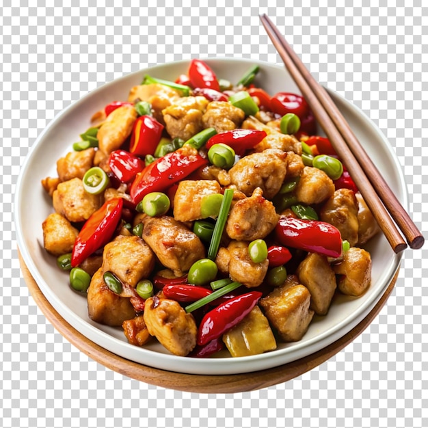 A bowl of food with chicken red peppers green onions and green peppers