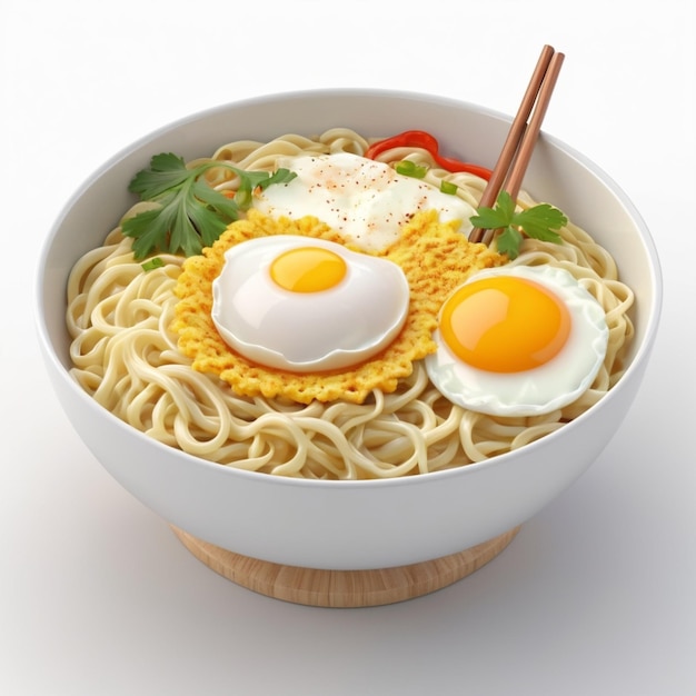 a bowl of food with eggs and a bowl of noodles with a fork in it