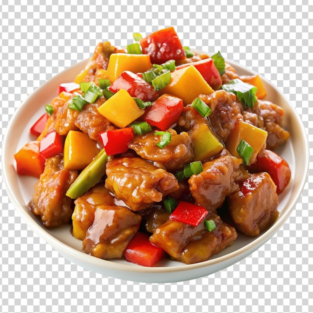 A bowl of food with meat peppers and onions in a brown sauce on transparent background