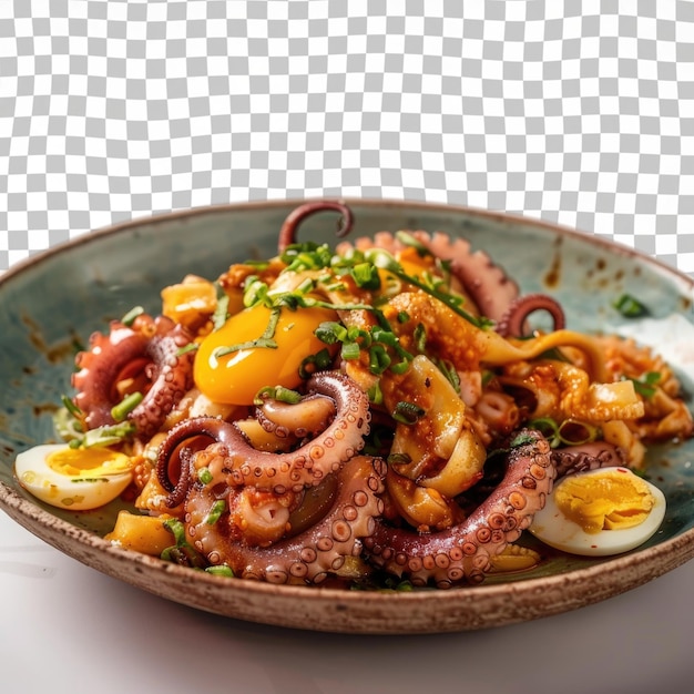 a bowl of food with octopus and onions on it