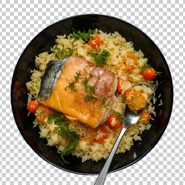 a bowl of food with rice and meat and vegetables