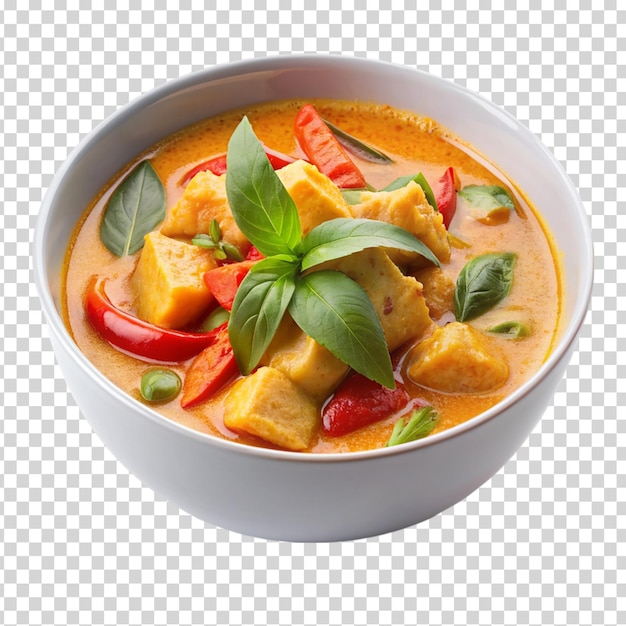 A bowl of food with rice and vegetables including red peppers and green leaves on transparent background