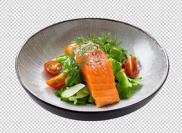 a bowl of food with a salad and a picture of a salmon