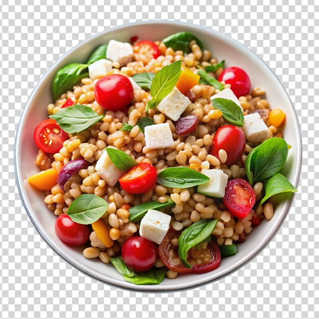 A bowl of food with a variety of ingredients including tomatoes on transparent background