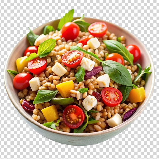 A bowl of food with a variety of ingredients including tomatoes on transparent background