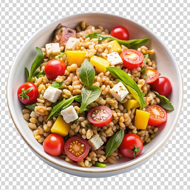 A bowl of food with a variety of ingredients including tomatoes on transparent background