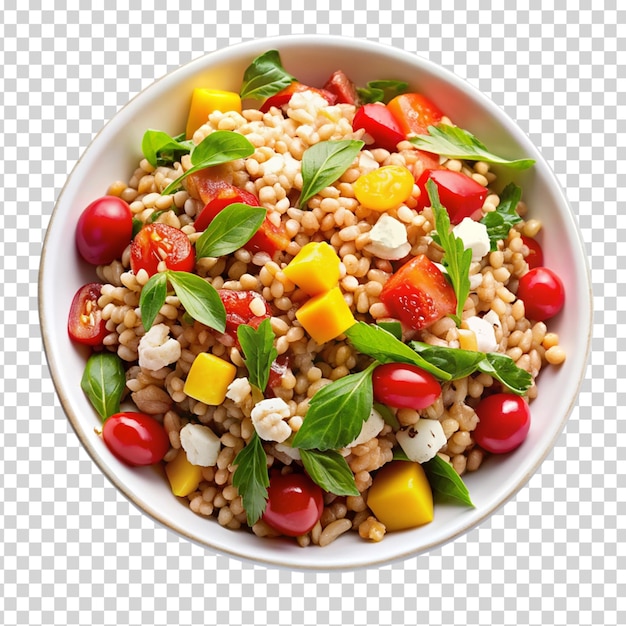 A bowl of food with a variety of ingredients including tomatoes on transparent background