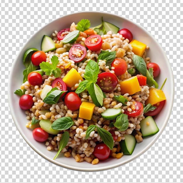 A bowl of food with a variety of ingredients including tomatoes on transparent background