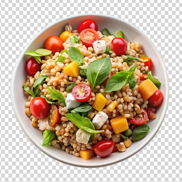 A bowl of food with a variety of ingredients including tomatoes on transparent background