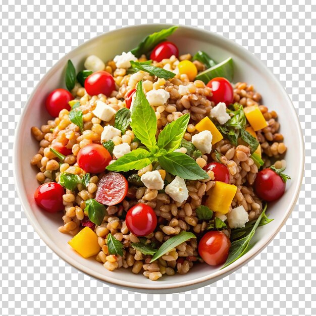 A bowl of food with a variety of ingredients including tomatoes on transparent background