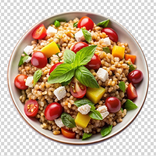 A bowl of food with a variety of ingredients including tomatoes on transparent background