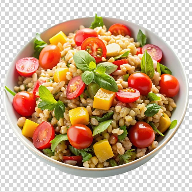 A bowl of food with a variety of ingredients including tomatoes on transparent background