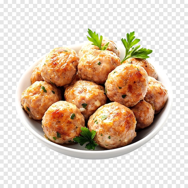 PSD a bowl of food with a white background with a picture of a meatballs in the middle