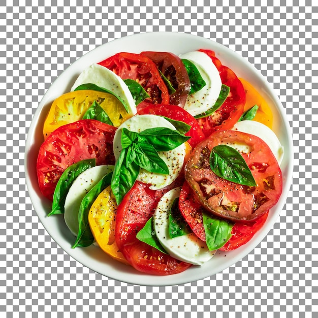 Bowl of fresh vegetables with a tomato and mozzarella cheese on transparent background