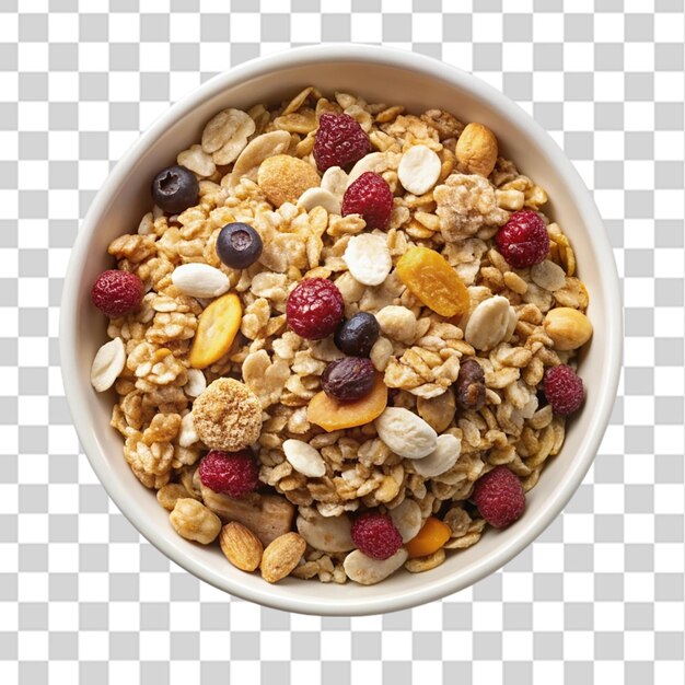 PSD bowl full muesli bar top view isolated on transparent background