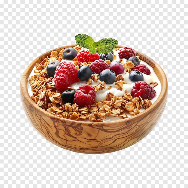 PSD bowl of granola with yogurt and berries on a transparent background