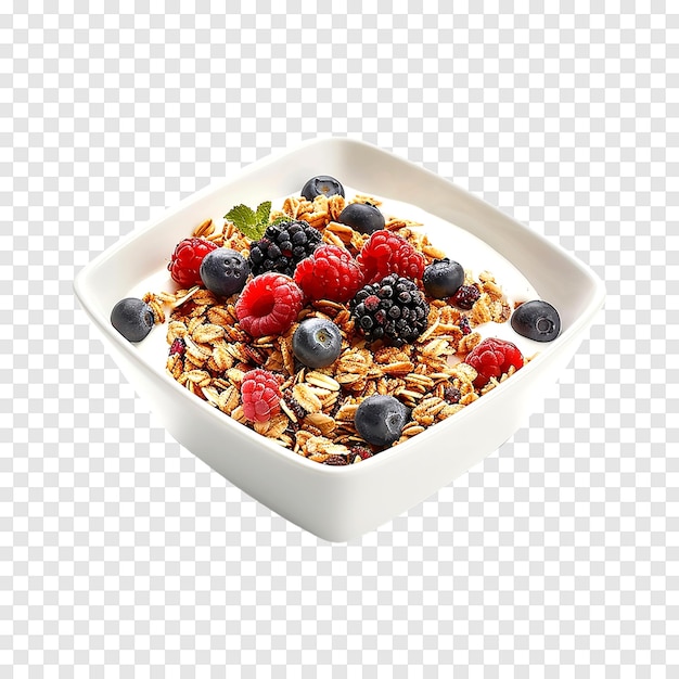 PSD bowl of granola with yogurt and berries on a transparent background