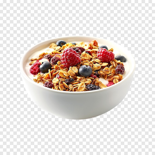 PSD bowl of granola with yogurt and berries on a transparent background