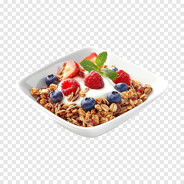 PSD bowl of granola with yogurt and berries on a transparent background