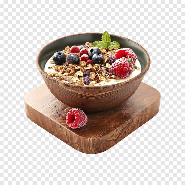 PSD bowl of granola with yogurt and berries on a transparent background