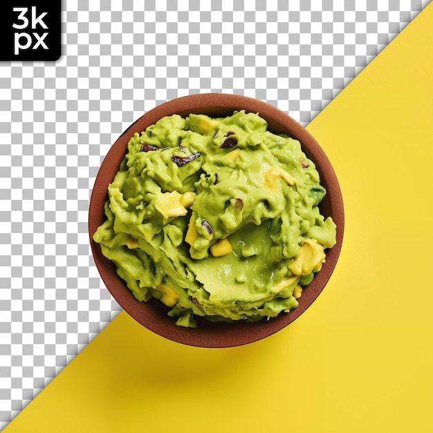 a bowl of guacamole with a yellow background