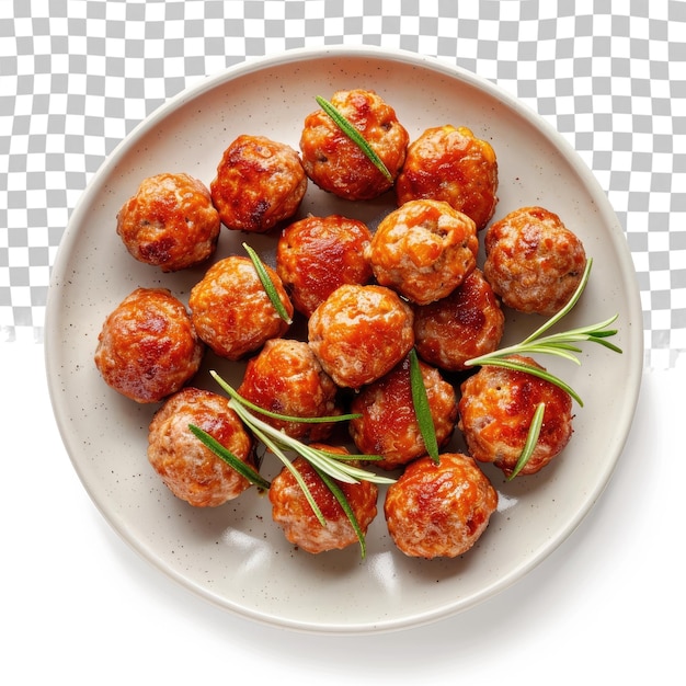 a bowl of meatballs with a green stem