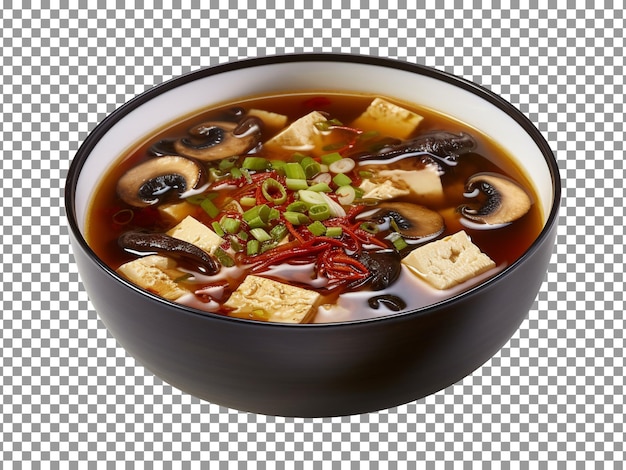 Bowl of miso soup with mushrooms and green onions on transparent background