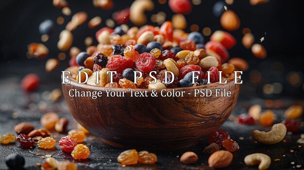 PSD a bowl of mixed nuts and dried fruit with falling berries