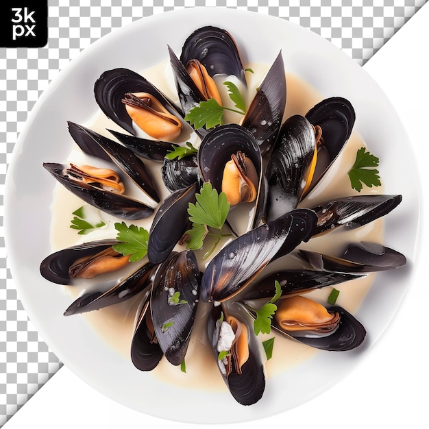 PSD a bowl of mussels with a picture of a mussels and a cup of sauce