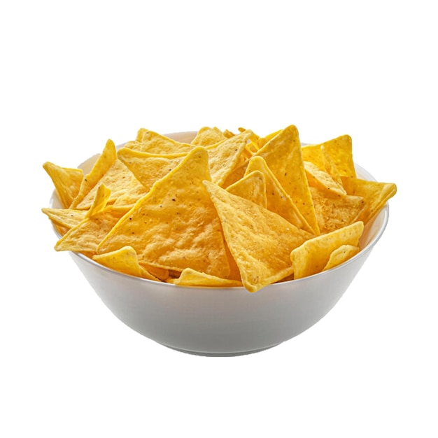 a bowl of nacho chips with a white background