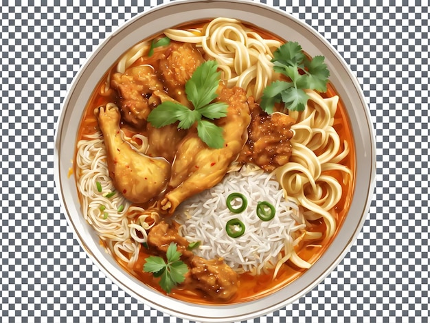 Bowl of noodles with chicken isolated on transparent background