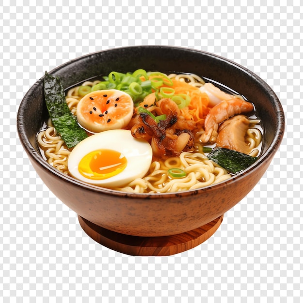 a bowl of noodles with an egg on it