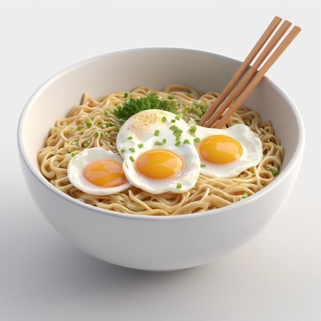 a bowl of noodles with eggs and vegetables in it