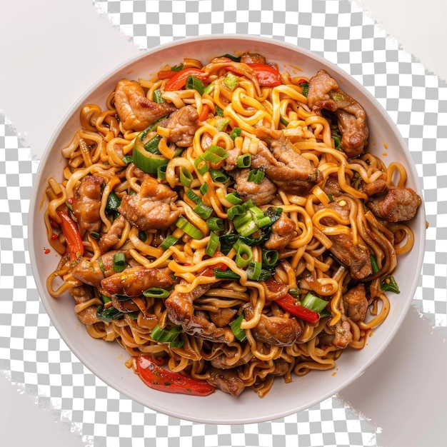 PSD a bowl of noodles with meat and vegetables on it