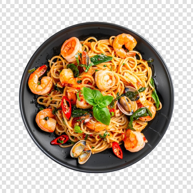 A bowl of noodles with shrimp and leaves on a transparent background