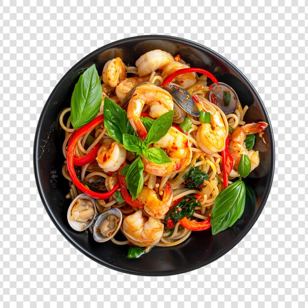 A bowl of noodles with shrimp and leaves on a transparent background