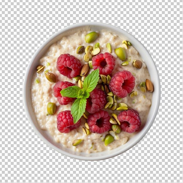 Bowl of oatmeal with raspberries and seeds