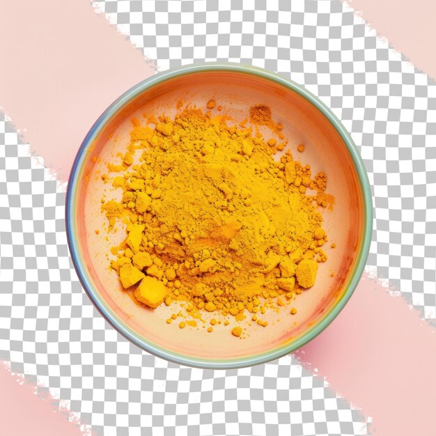 PSD a bowl of orange powder is shown with a pink and white checkered background