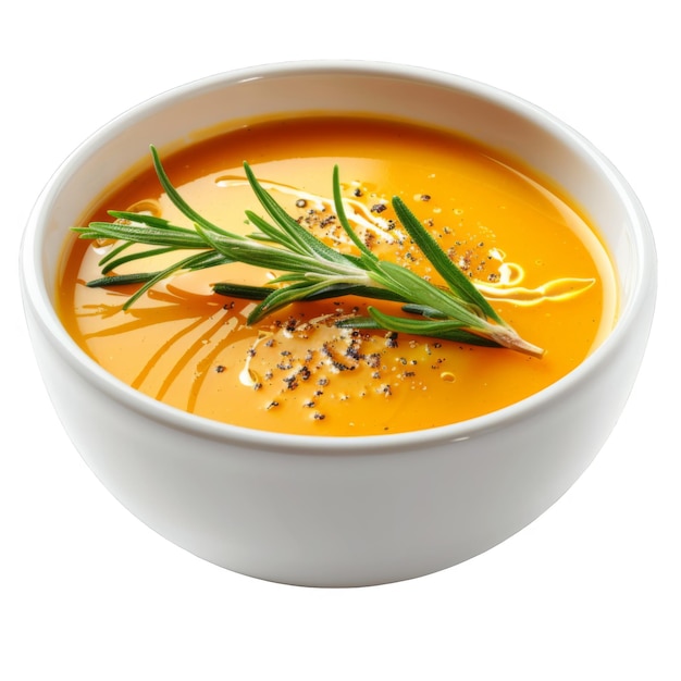 A Bowl of Orange Soup with Rosemary and Black Pepper