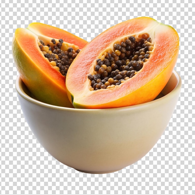 A bowl of Papaya with black seeds on transparent background