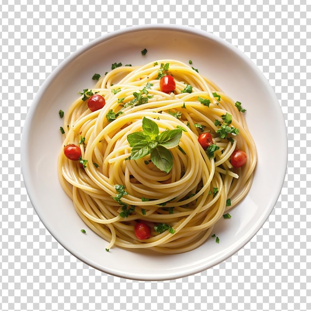 A bowl of pasta with green herbs on transparent background