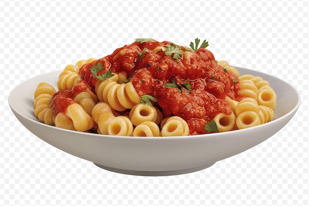 PSD a bowl of pasta with red sauce and a white background