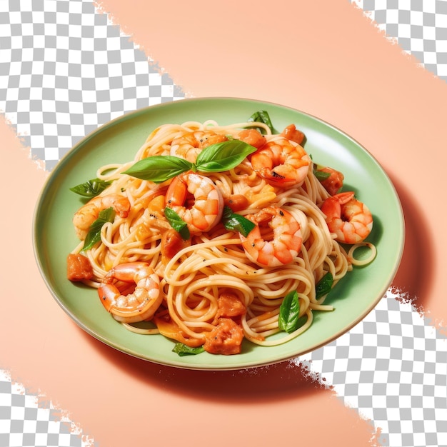 a bowl of pasta with shrimp and basil on a checkered tablecloth.