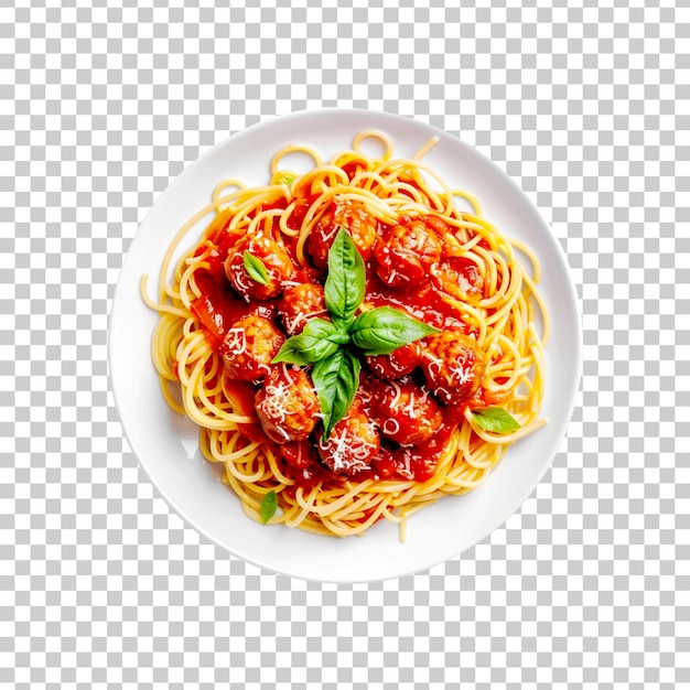 A bowl of pasta with tomato sauce and basil leaf on a transparent background