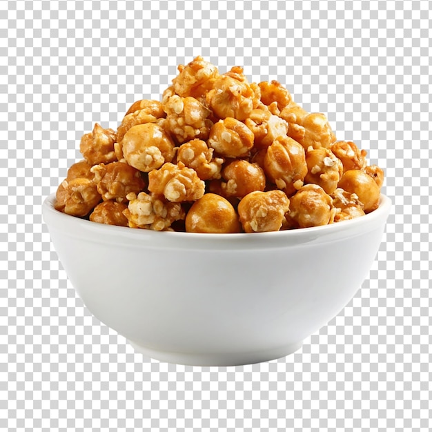 A bowl of popcorn with a few pieces on transparent background