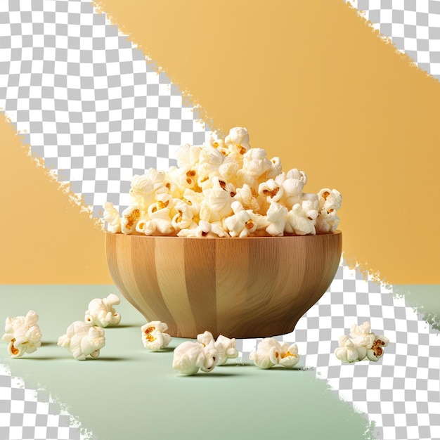 a bowl of popcorn with a yellow background with the words popcorn in the middle.