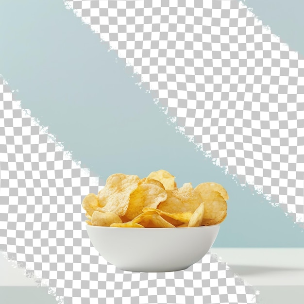 PSD a bowl of potato chips is in front of a wall with a white background